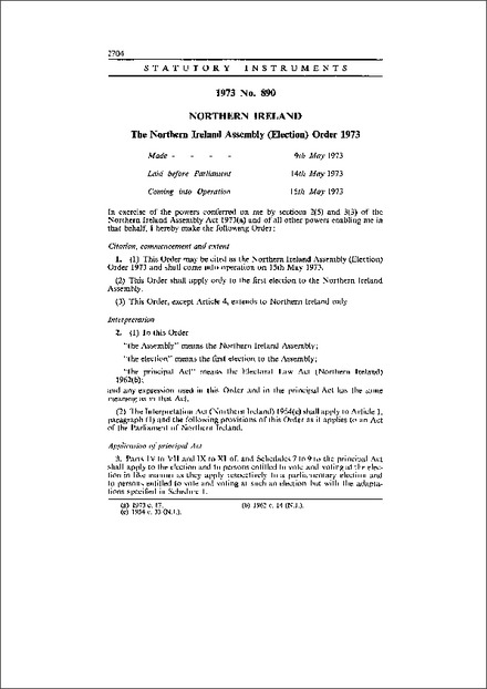 The Northern Ireland Assembly (Election) Order 1973