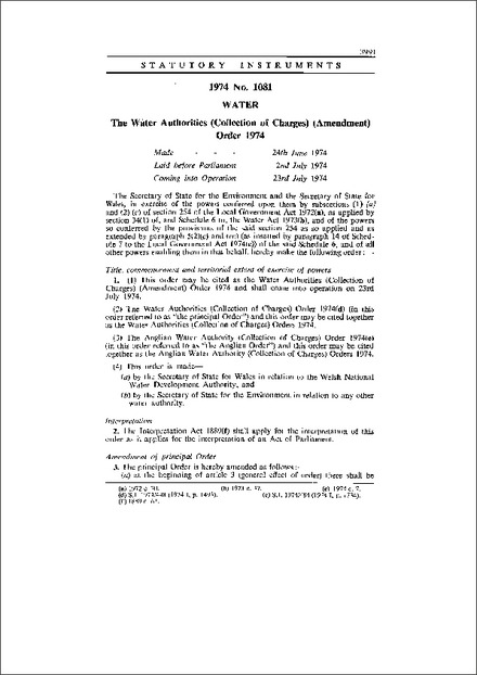 The Water Authorities (Collection of Charges) (Amendment) Order 1974