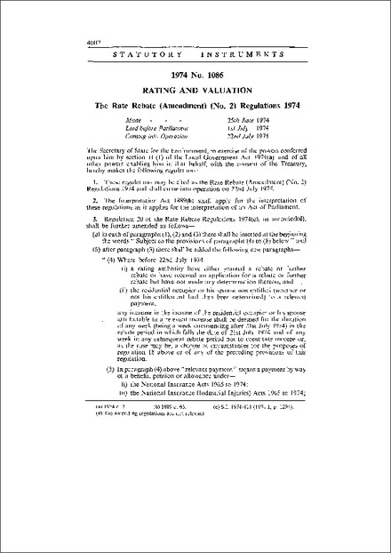 The Rate Rebate (Amendment) (No. 2) Regulations 1974