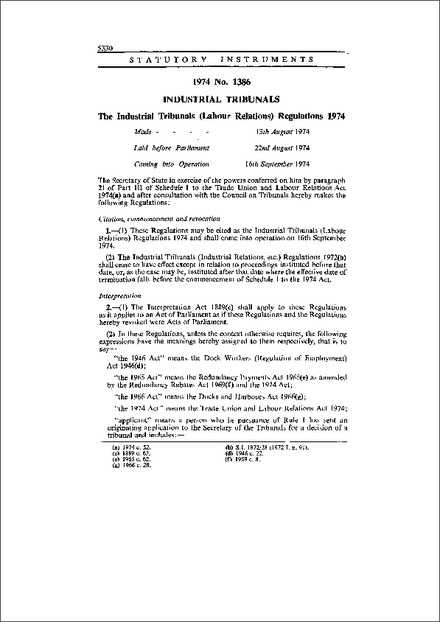 The Industrial Tribunals (Labour Relations) Regulations 1974