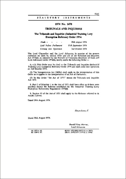 The Tribunals and Inquiries (Industrial Training Levy Exemption Referees) Order 1974