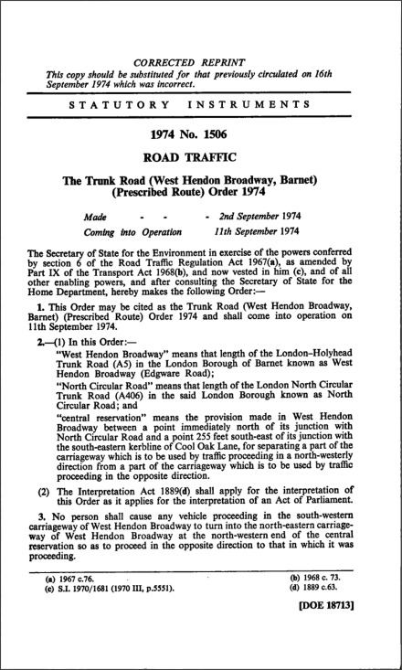 The Trunk Road (West Hendon Broadway, Barnet) (Prescribed Route) Order 1974