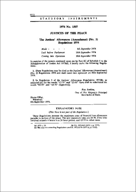 The Justices' Allowances (Amendment) (No. 2) Regulations 1974