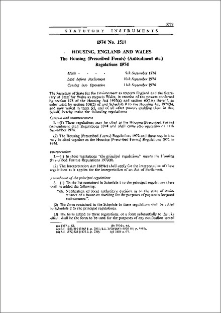 The Housing (Prescribed Forms) (Amendment etc.) Regulations 1974
