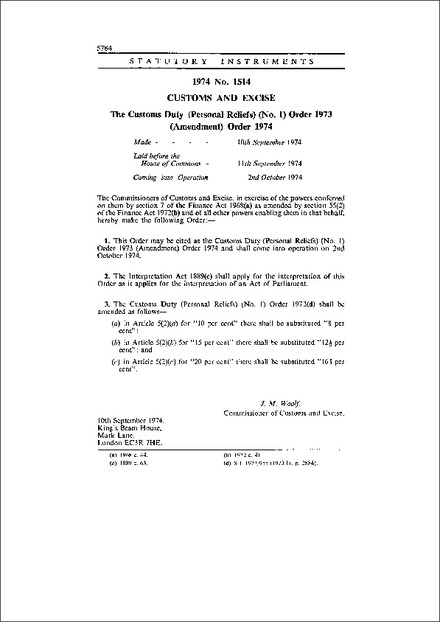 The Customs Duty (Personal Reliefs) (No. 1) Order 1973 (Amendment) Order 1974