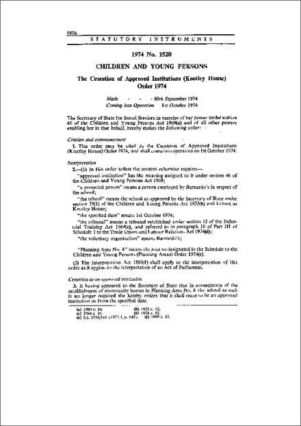The Cessation of Approved Institutions (Knotley House) Order 1974