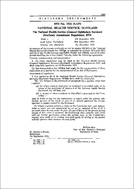 The National Health Service (General Ophthalmic Services) (Scotland) Amendment Regulations 1974
