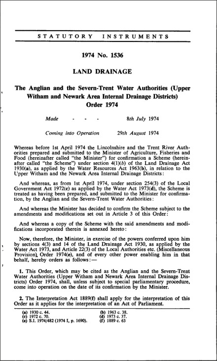 The Anglian and the Severn-Trent Water Authorities (Upper Witham and Newark Area Internal Drainage Districts) Order 1974