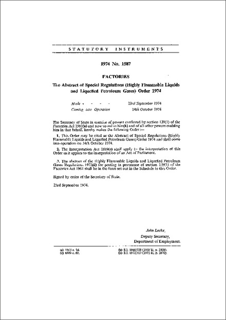 The Abstract of Special Regulations (Highly Flammable Liquids and Liquefied Petroleum Gases) Order 1974