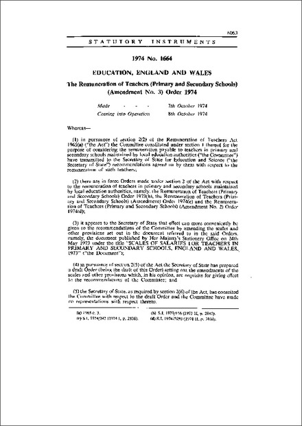The Remuneration of Teachers (Primary and Secondary Schools) (Amendment No. 3) Order 1974