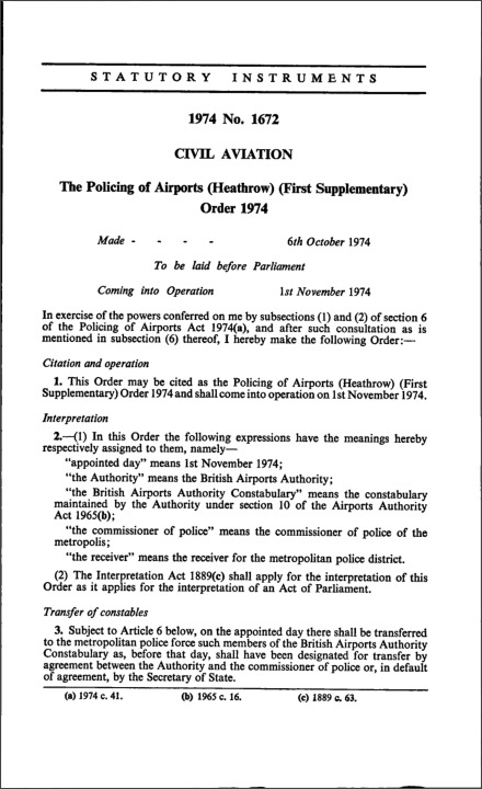 The Policing of Airports (Heathrow) (First Supplementary) Order 1974
