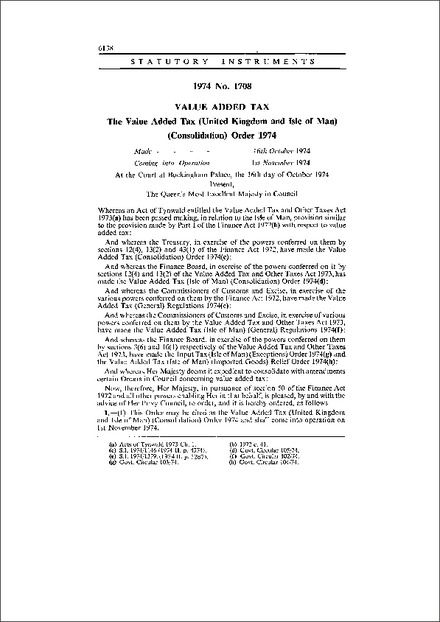 The Value Added Tax (United Kingdom and Isle of Man) (Consolidation) Order 1974