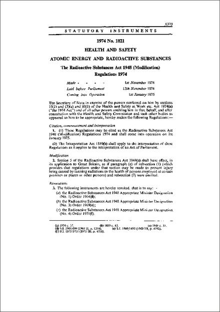 The Radioactive Substances Act 1948 (Modification) Regulations 1974
