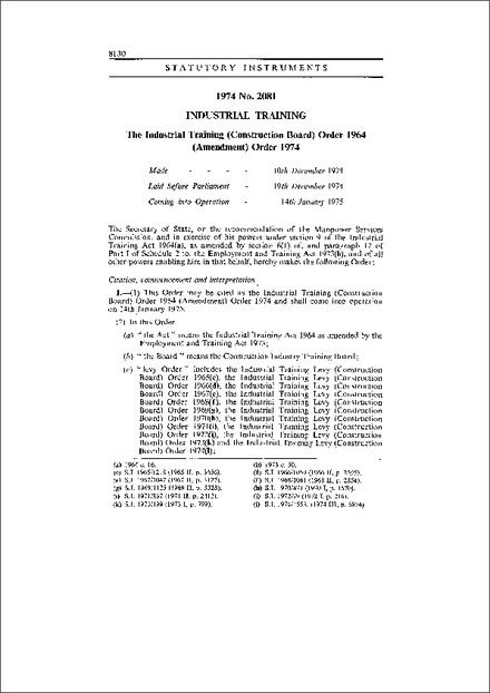 The Industrial Training (Construction Board) Order 1964 (Amendment) Order 1974