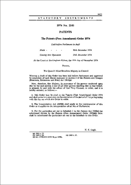 The Patents (Fees Amendment) Order 1974
