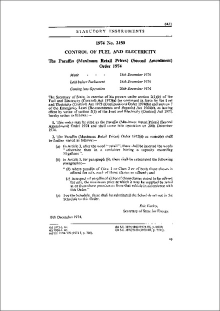 The Paraffin (Maximum Retail Prices) (Second Amendment) Order 1974