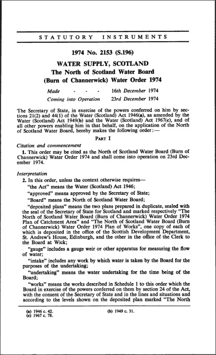 The North of Scotland Water Board (Burn of Channerwick) Water Order 1974
