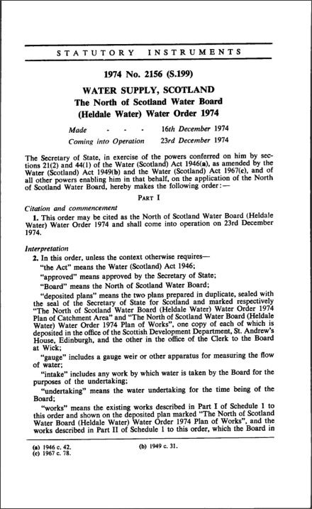The North of Scotland Water Board (Heldale Water) Water Order 1974