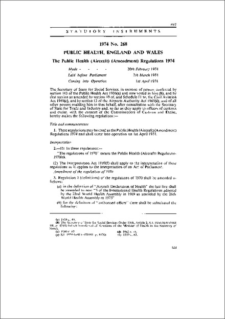 The Public Health (Aircraft) (Amendment) Regulations 1974
