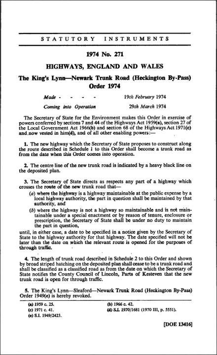 The King’s Lynn—Newark Trunk Road (Heckington By-Pass) Order 1974