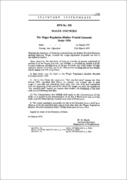 The Wages Regulation (Rubber Proofed Garment) Order 1974