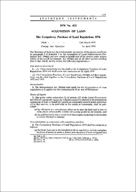 The Compulsory Purchase of Land Regulations 1974