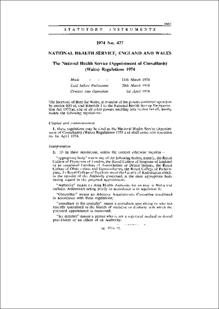 The National Health Service (Appointment of Consultants) (Wales) Regulations 1974