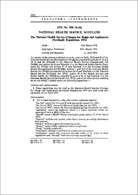 The National Health Service (Charges for Drugs and Appliances) (Scotland) Regulations 1974