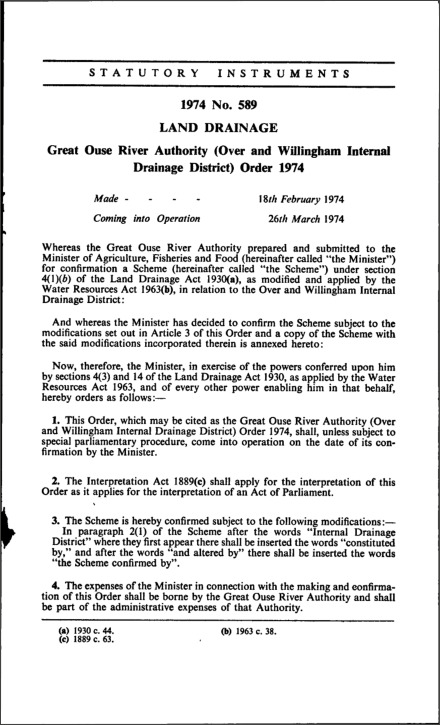 Great Ouse River Authority (Over and Willingham Internal Drainage District) Order 1974