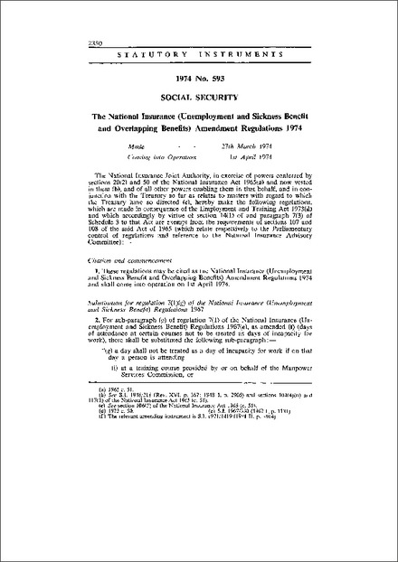 The National Insurance (Unemployment and Sickness Benefit and Overlapping Benefits) Amendment Regulations 1974