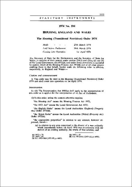 The Housing (Transitional Provisions) Order 1974