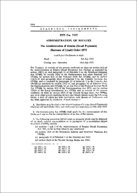 The Administration of Estates (Small Payments) (Increase of Limit) Order 1975
