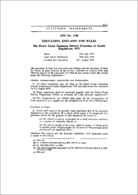 The Direct Grant Grammar Schools (Cessation of Grant) Regulations 1975