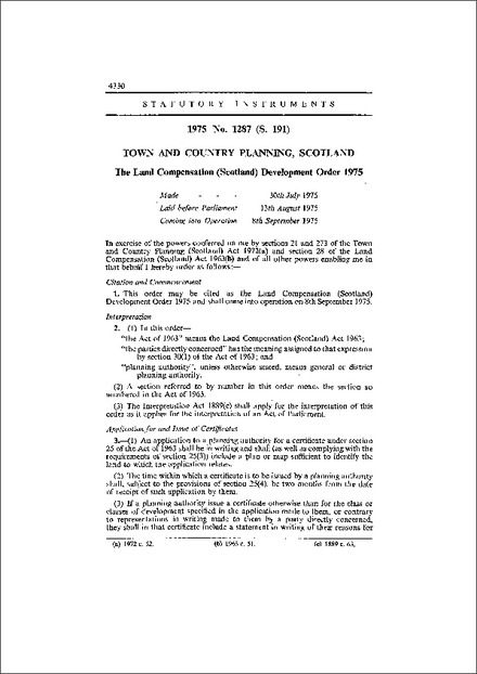 The Land Compensation (Scotland) Development Order 1975
