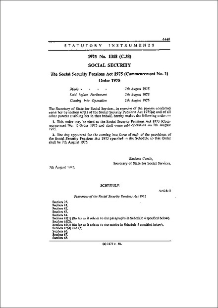 The Social Security Pensions Act 1975 (Commencement No. 1) Order 1975