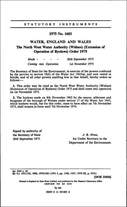 The North West Water Authority (Widnes) (Extension of Operation of Byelaws) Order 1975