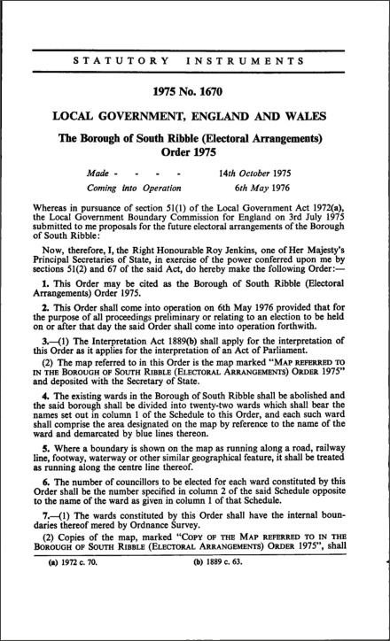 The Borough of South Ribble (Electoral Arrangements) Order 1975