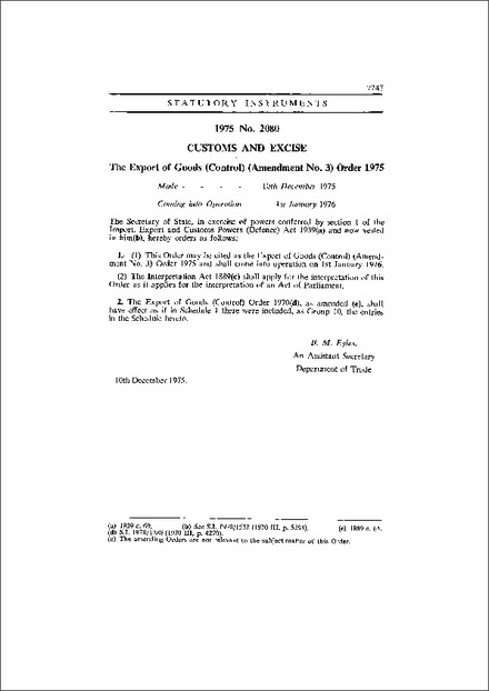 The Export of Goods (Control) (Amendment No. 3) Order 1975