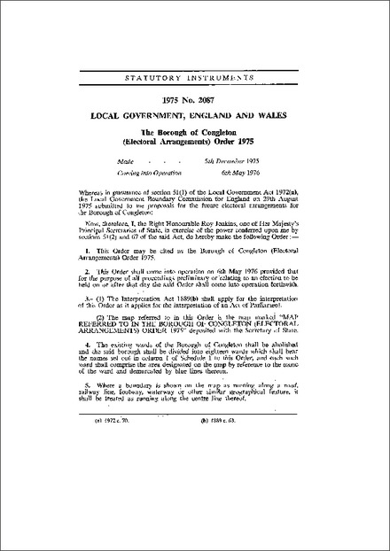 The Borough of Congleton (Electoral Arrangements) Order 1975