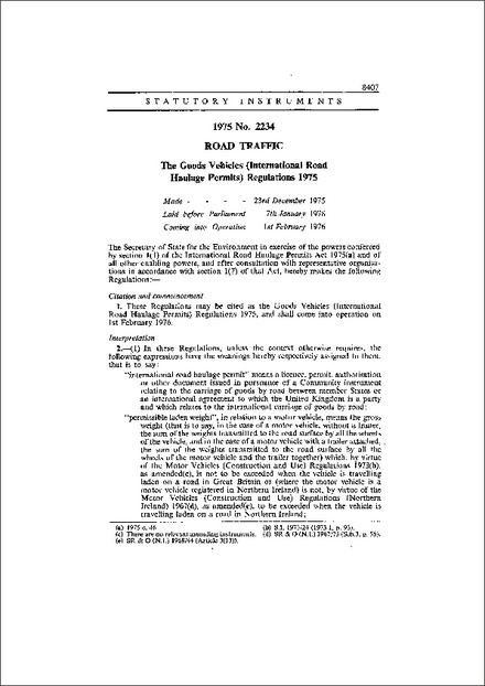 The Goods Vehicles (International Road Haulage Permits) Regulations 1975
