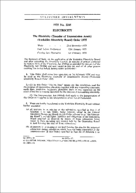 The Electricity (Transfer of Transmission Assets) (Yorkshire Electricity Board) Order 1975