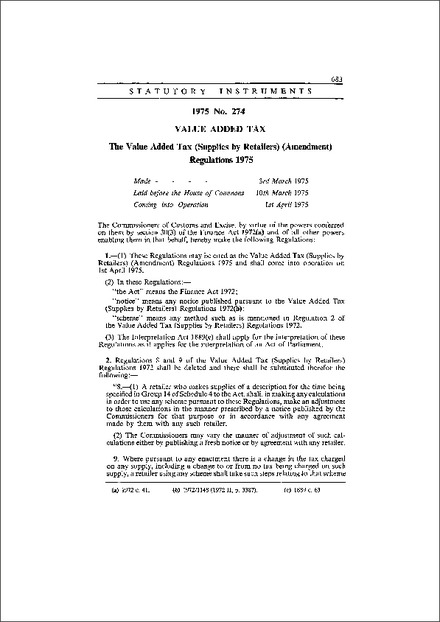The Value Added Tax (Supplies by Retailers) (Amendment) Regulations 1975