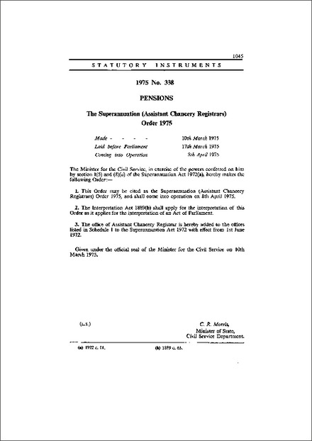 The Superannuation (Assistant Chancery Registrars) Order 1975