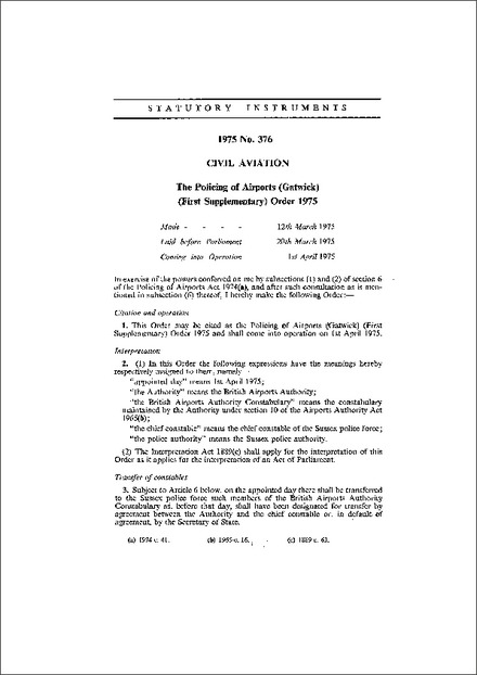 The Policing of Airports (Gatwick) (First Supplementary) Order 1975