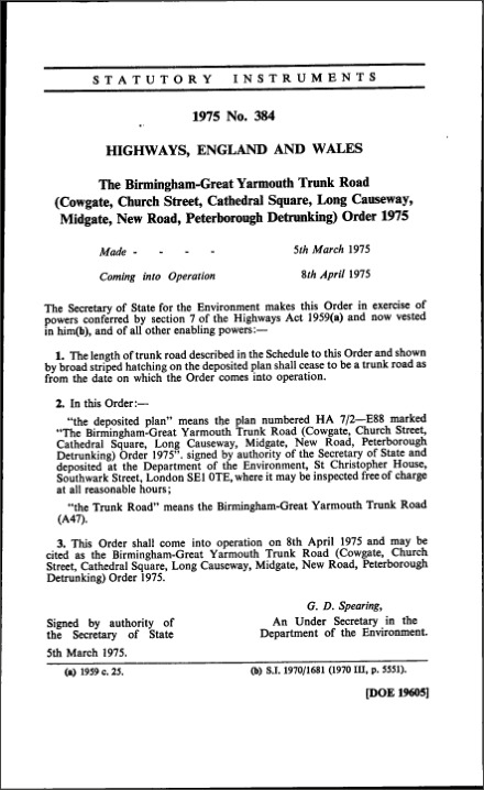 The Birmingham-Great Yarmouth Trunk Road (Cowgate, Church Street, Cathedral Square, Long Causeway, Midgate, New Road, Peterborough Detrunking) Order 1975