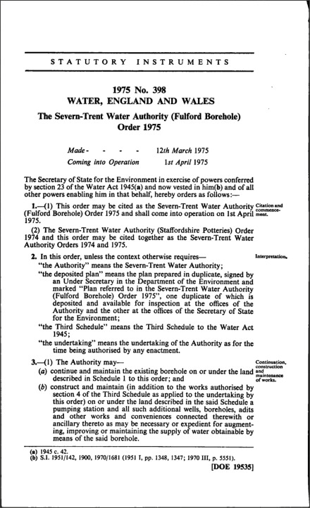 The Severn-Trent Water Authority (Fulford Borehole) Order 1975
