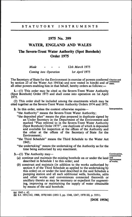 The Severn-Trent Water Authority (Spot Borehole) Order 1975