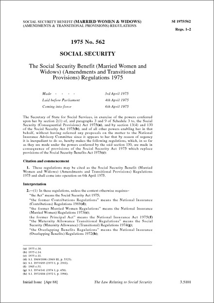 The Social Security Benefit (Married Women and Widows) (Amendments and Transitional Provisions) Regulations 1975
