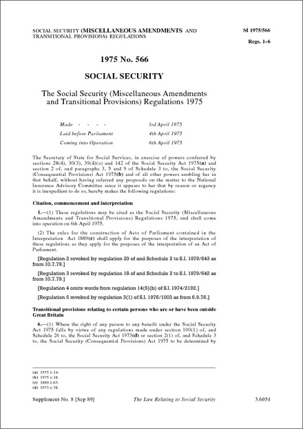 The Social Security (Miscellaneous Amendments and Transitional Provisions) Regulations 1975
