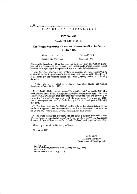 The Wages Regulation (Linen and Cotton Handkerchief etc.) Order 1975